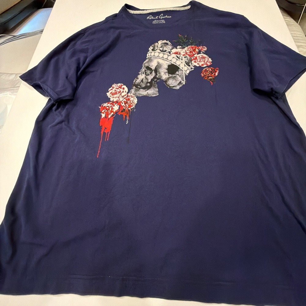Robert Graham Men's 3XLT Skull Crown Roses Graphic T-Shirt Gothic Rocker Blue